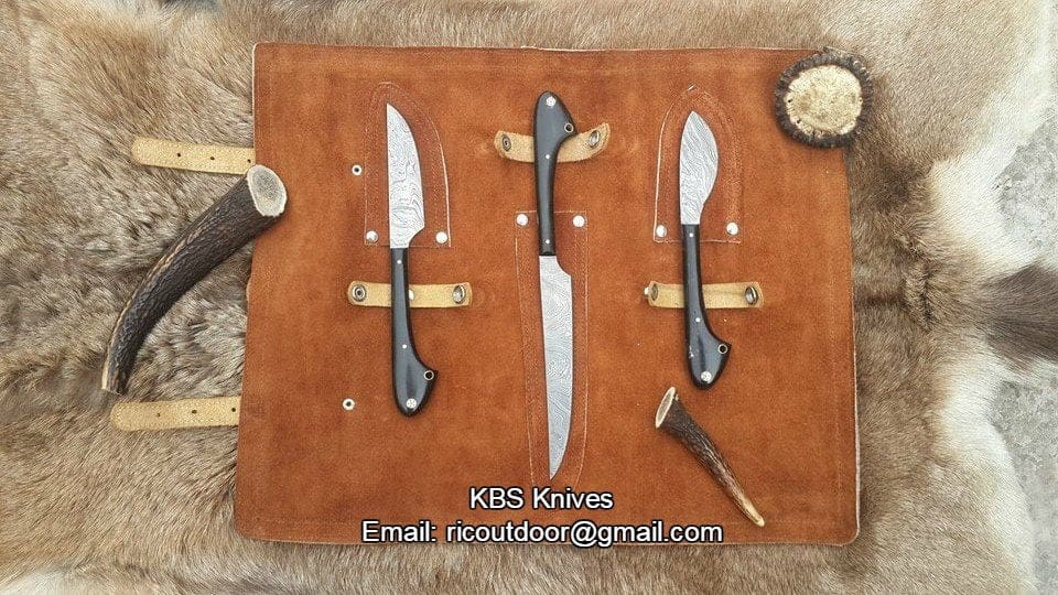 KBS Knives Store Hunting Knife Outdoor Edge Knife Sets – 3-Piece Damascus Steel Hunting Kit with Buffalo Horn Handles