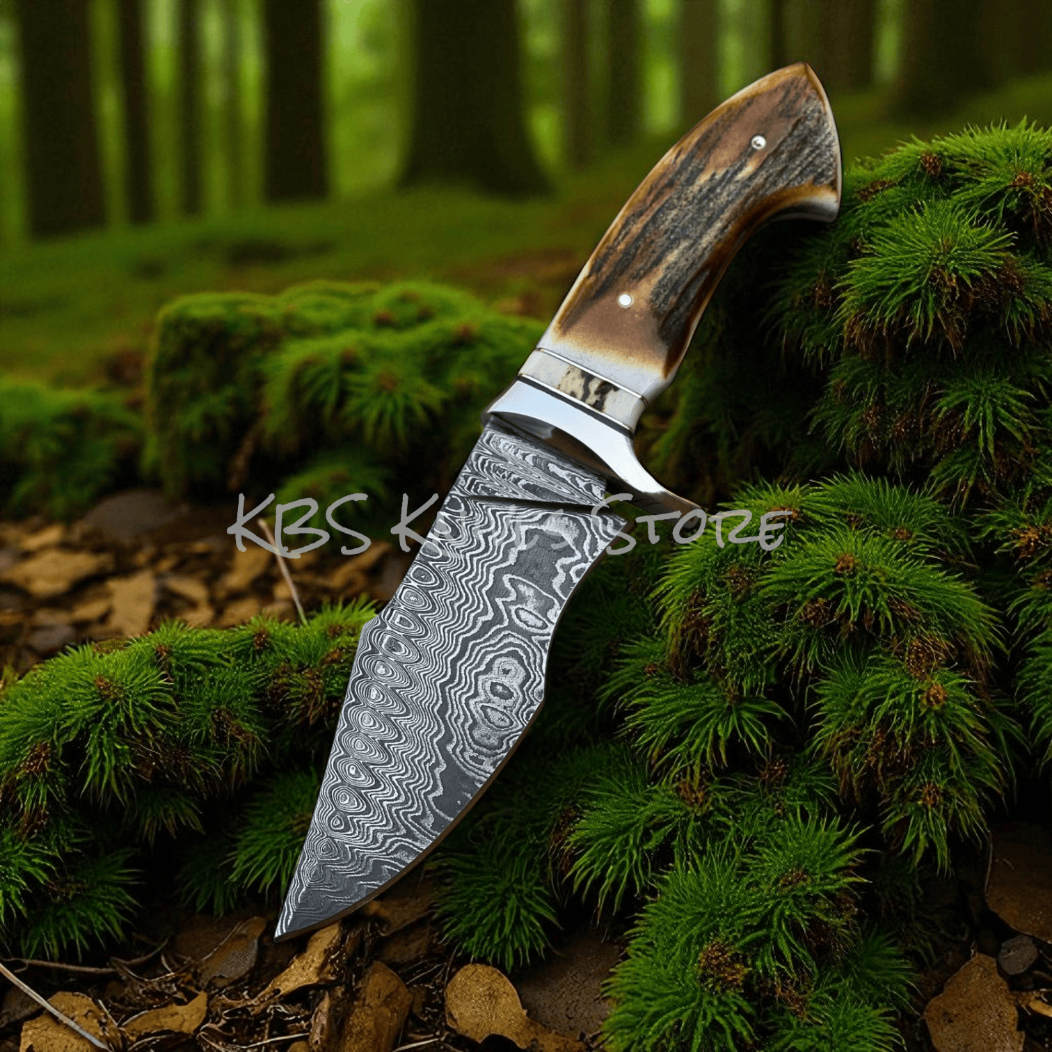 KBS Knives Store Hunting Knife Premium Hunting Knife Damascus Steel 11" Antler Handle