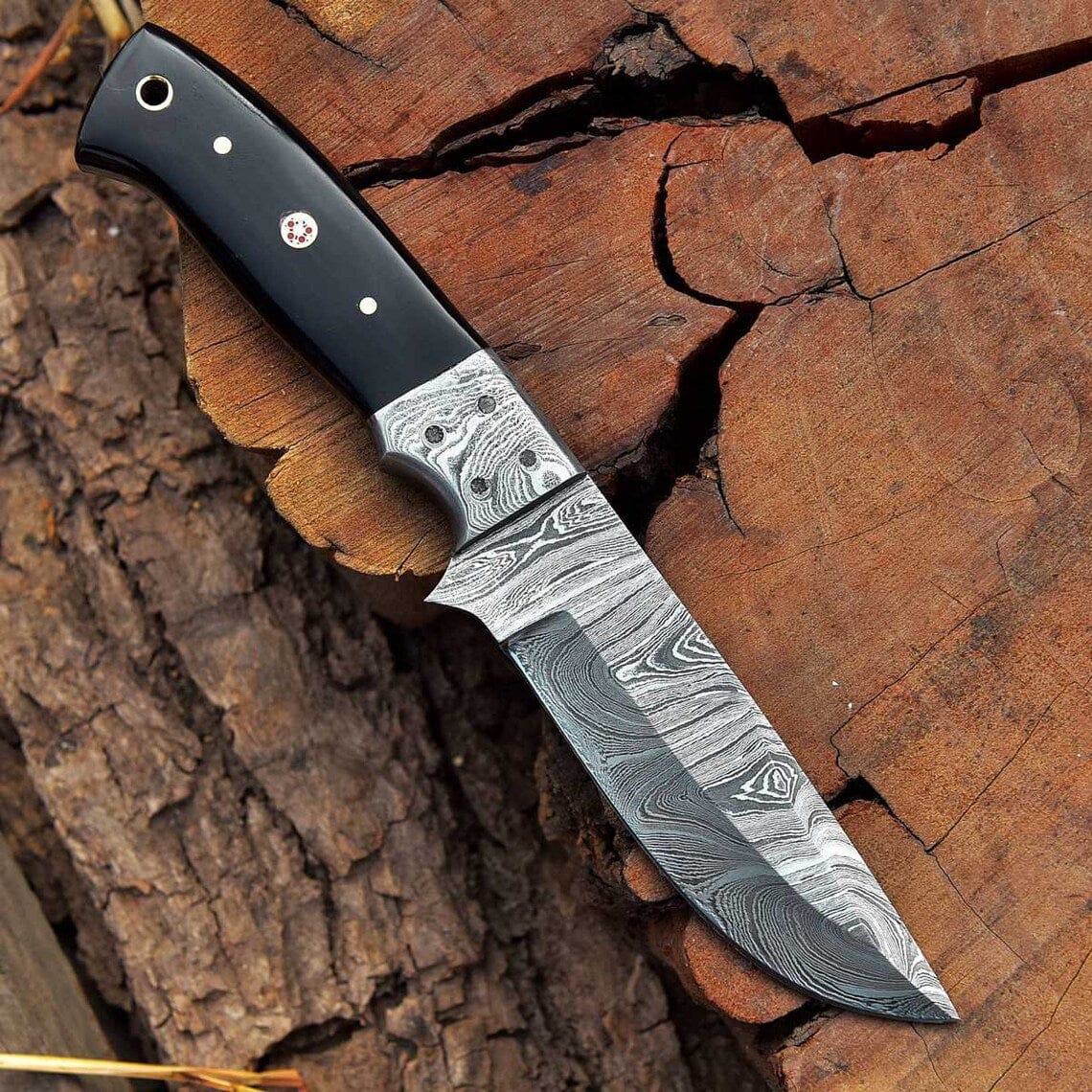 KBS Knives Store Hunting Knife Ridgeback Ranger-Custom Handcrafted Damascus Steel Hunting Knife with Buffalo Horn Handle and Damascus Bolster