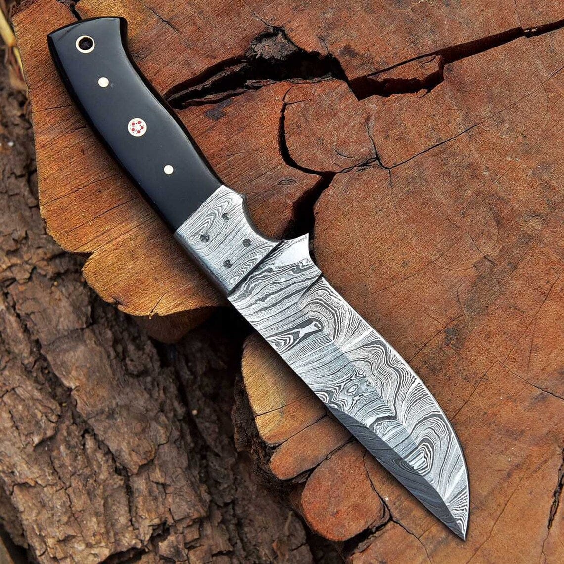KBS Knives Store Hunting Knife Ridgeback Ranger-Custom Handcrafted Damascus Steel Hunting Knife with Buffalo Horn Handle and Damascus Bolster