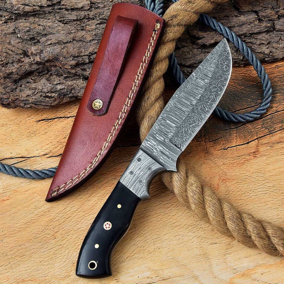 KBS Knives Store Hunting Knife Ridgeback Ranger-Custom Handcrafted Damascus Steel Hunting Knife with Buffalo Horn Handle and Damascus Bolster
