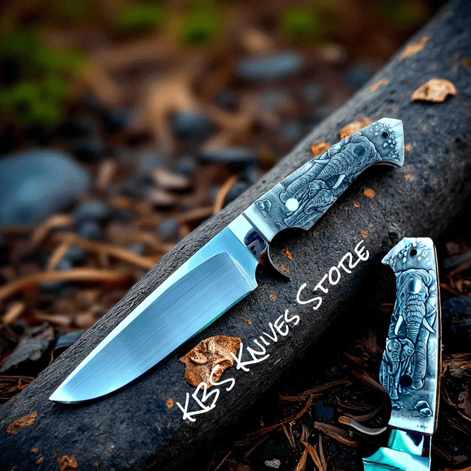 KBS Knives Store Hunting Knife Scrimshaw Hunting Knife – 11" Full Tang D2 Steel with Camel Bone & Engraved Handle + Leather Sheath