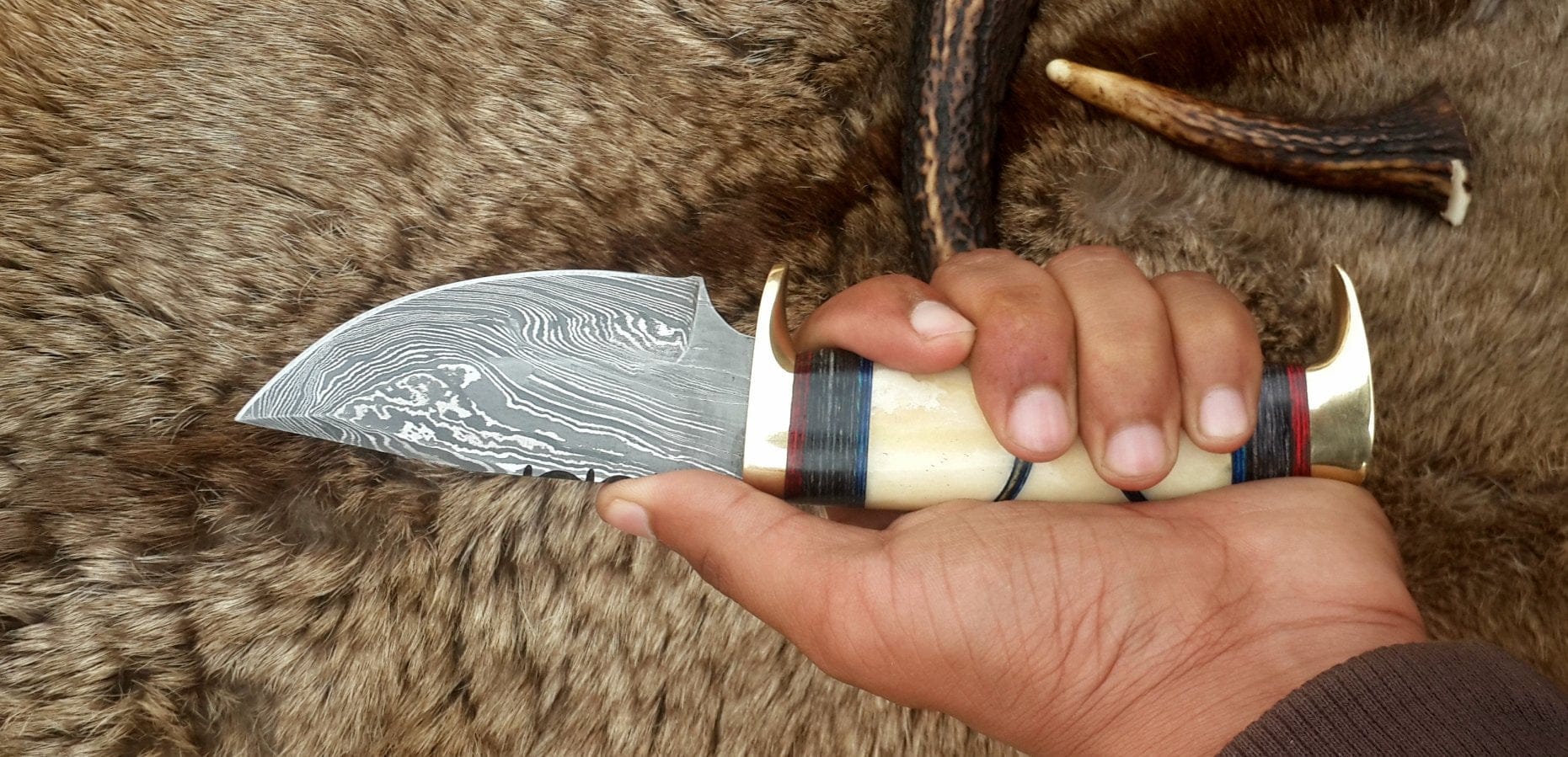 KBS Knives Store Hunting Knife The Artisan's Blade: Custom Handmade Damascus Steel Hunting Knife | Camel Bone & Brass Accents | 9 Inches | KBS Knives