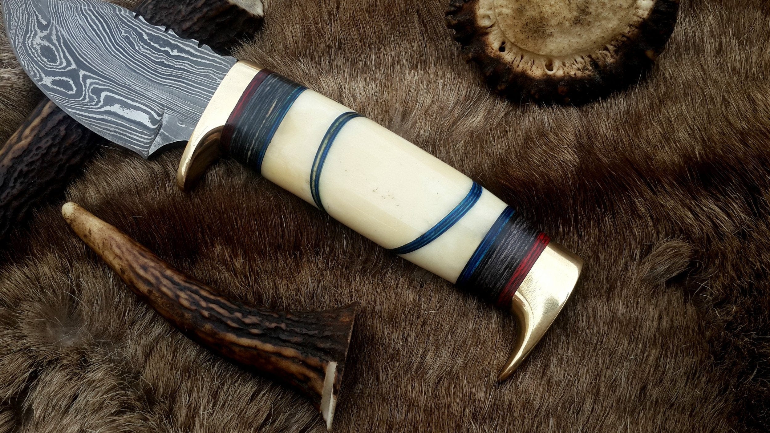 KBS Knives Store Hunting Knife The Artisan's Blade: Custom Handmade Damascus Steel Hunting Knife | Camel Bone & Brass Accents | 9 Inches | KBS Knives