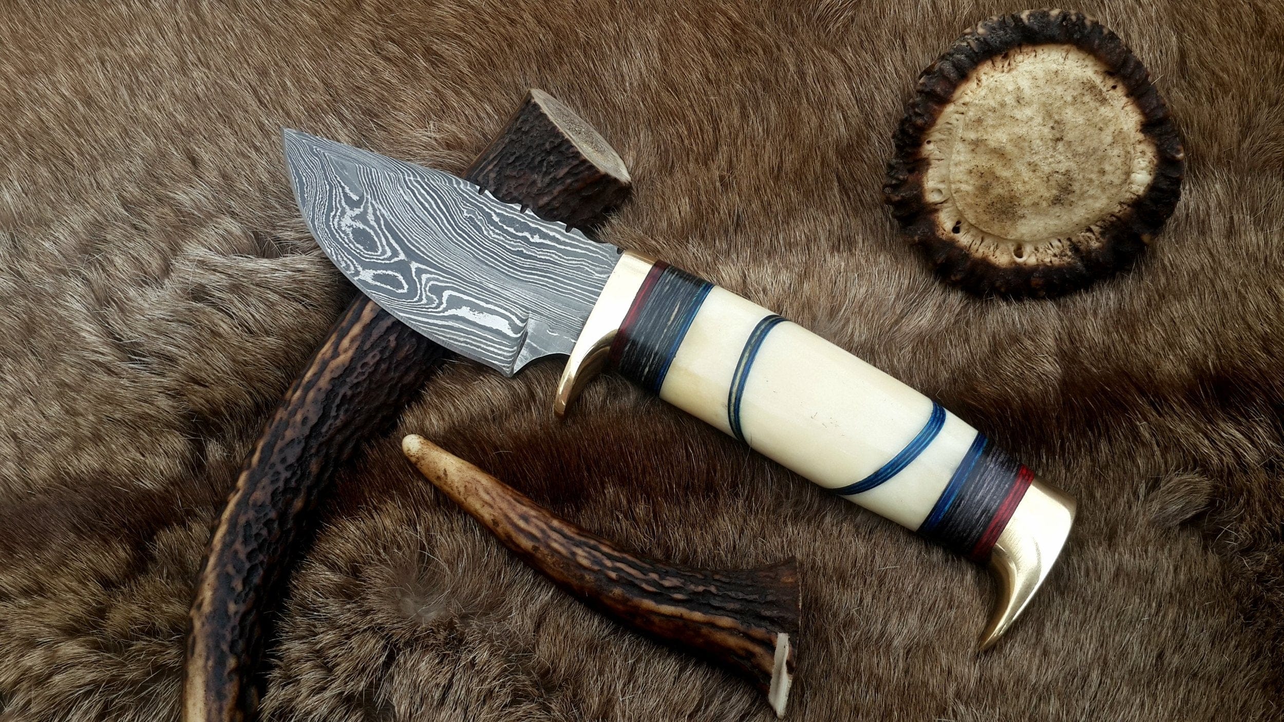 KBS Knives Store Hunting Knife The Artisan's Blade: Custom Handmade Damascus Steel Hunting Knife | Camel Bone & Brass Accents | 9 Inches | KBS Knives