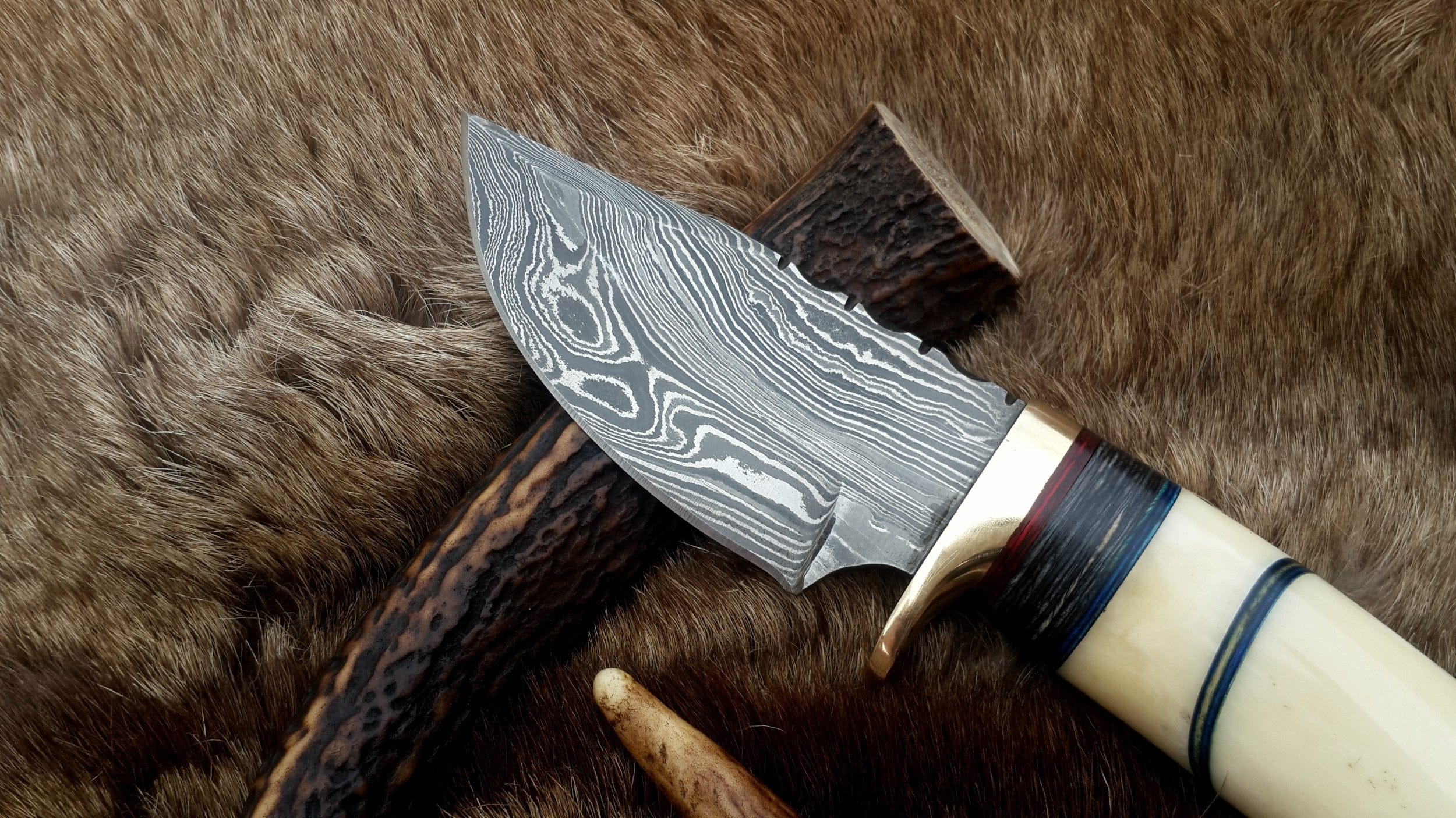 KBS Knives Store Hunting Knife The Artisan's Blade: Custom Handmade Damascus Steel Hunting Knife | Camel Bone & Brass Accents | 9 Inches | KBS Knives
