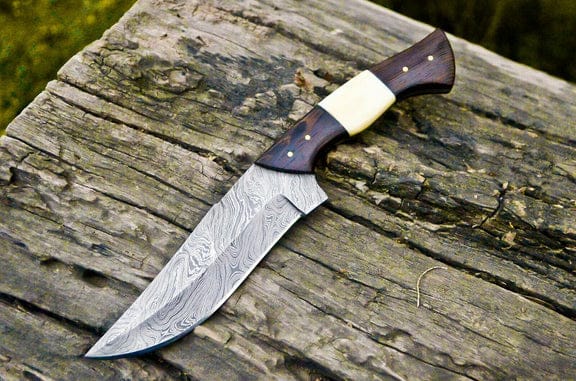 KBS Knives Store Hunting Knife The Wilderness Elite: 10.5-Inch Hunting Knife with Full Tang Damascus Steel Blade, Bone and Wenge Wood Handle