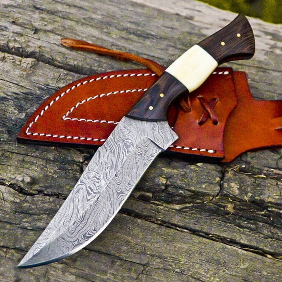KBS Knives Store Hunting Knife The Wilderness Elite: 10.5-Inch Hunting Knife with Full Tang Damascus Steel Blade, Bone and Wenge Wood Handle