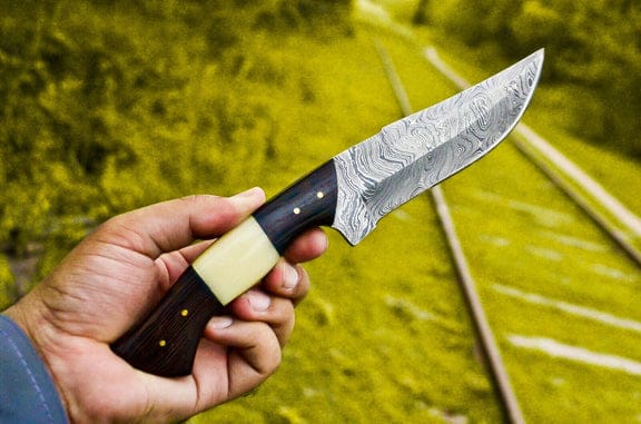 KBS Knives Store Hunting Knife The Wilderness Elite: 10.5-Inch Hunting Knife with Full Tang Damascus Steel Blade, Bone and Wenge Wood Handle