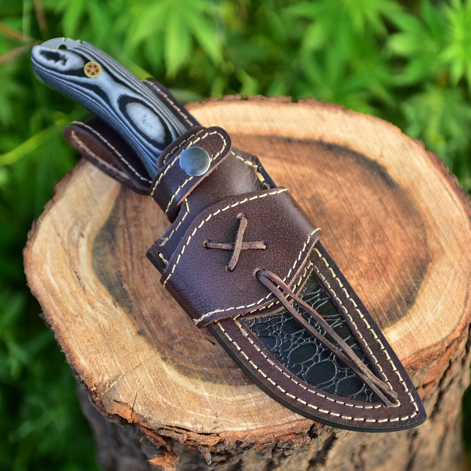 KBS Knives Store Hunting Knife Wilderness Guardian: Hunting Knife with Twist Damascus Steel Blade, Micarta G10 Handle, and Leather Sheath