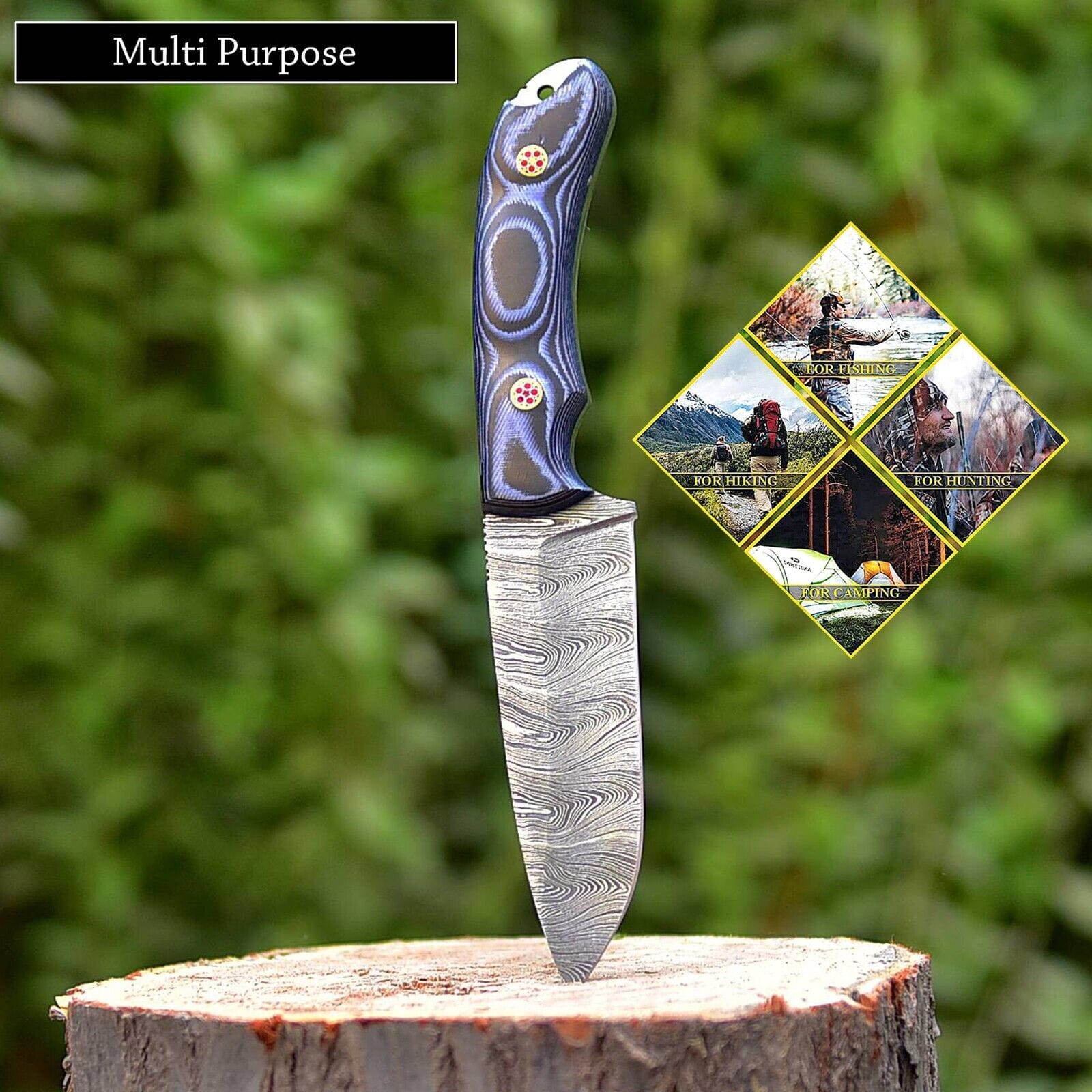 KBS Knives Store Hunting Knife Wilderness Guardian: Hunting Knife with Twist Damascus Steel Blade, Micarta G10 Handle, and Leather Sheath