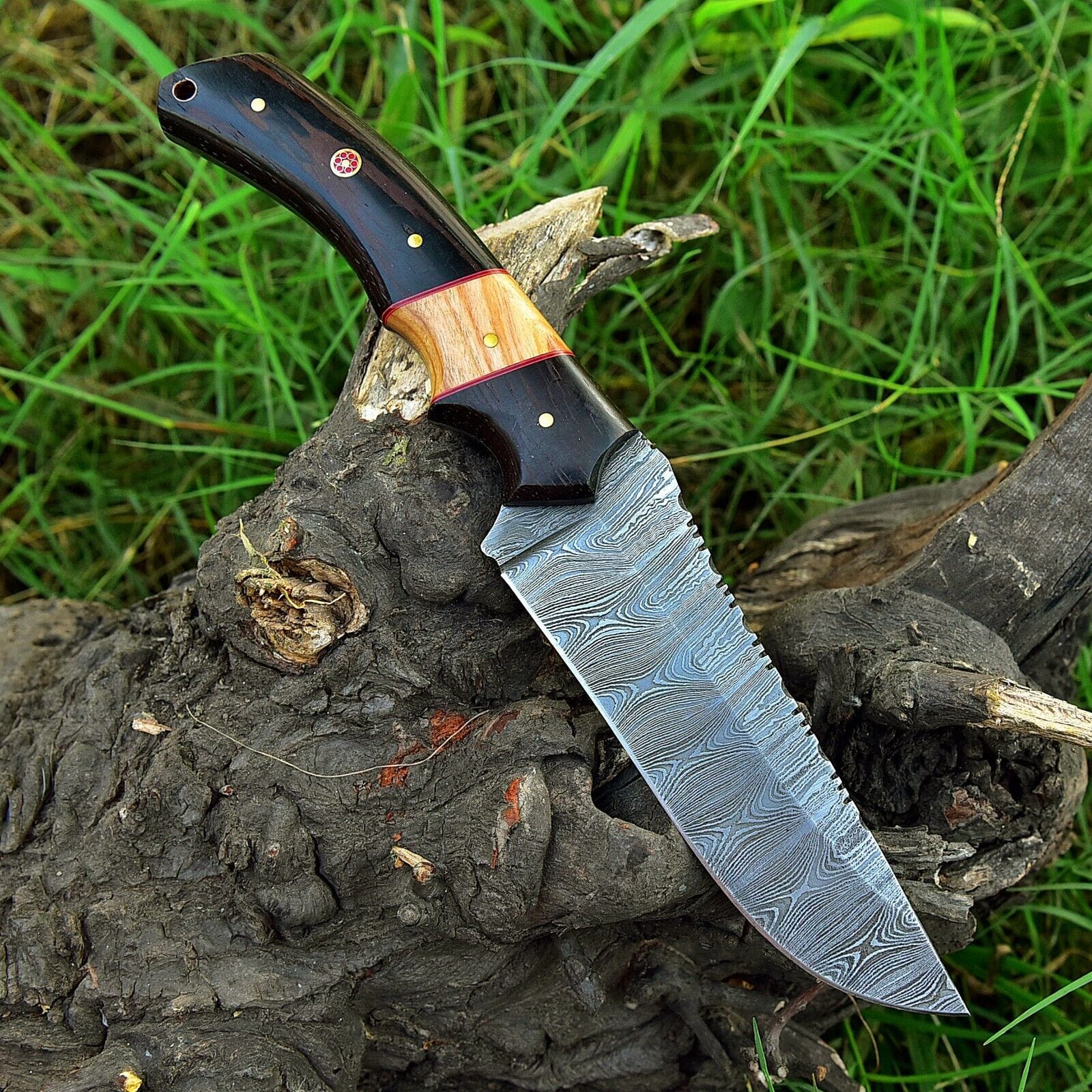 KBS Knives Store Hunting Knife Wilderness Wanderer: Hunting Knife with Twist Damascus Steel Blade, Wenge Wood and Olivewood Handle, and Leather Sheath
