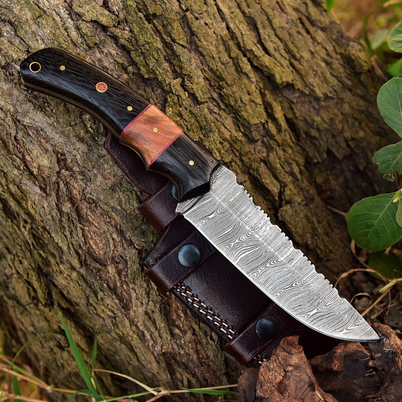 KBS Knives Store Hunting Knife Wilderness Wanderer: Hunting Knife with Twist Damascus Steel Blade, Wenge Wood and Olivewood Handle, and Leather Sheath