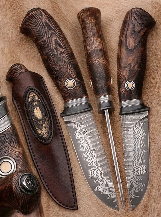 KBS Knives Store Hunting Knives Custom Handmade Damascus Steel Buck Hunting Knife - 9 Inch Burl Rosewood Handle with Steel Guard