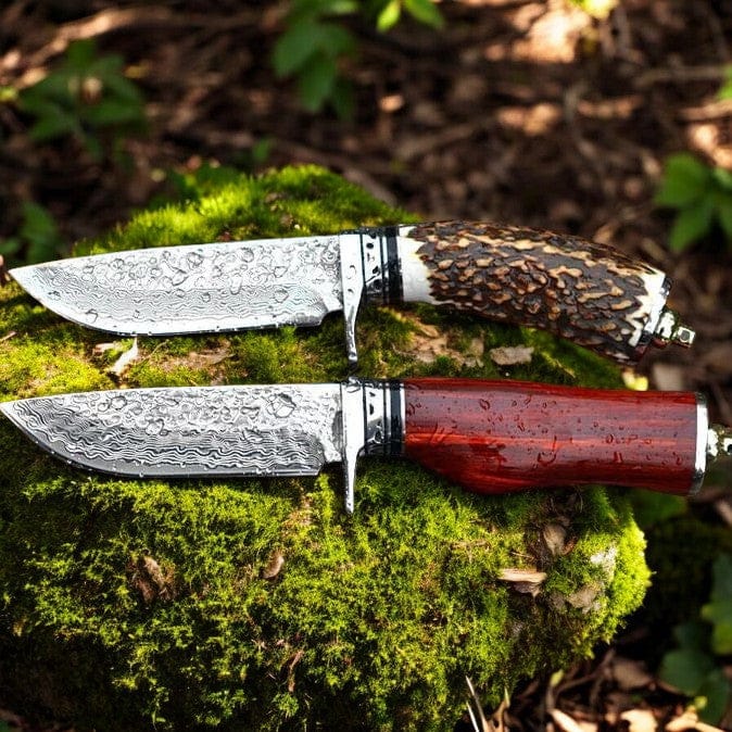 KBS Knives Store Hunting Knives Custom Handmade Damascus Steel Hunting Knives – 9" with Wood and Antler Horn Handle