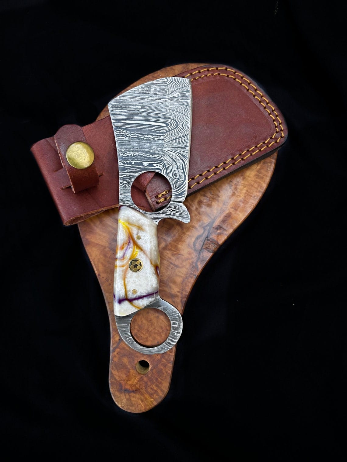 KBS Knives Store Hunting Knives Custom Handmade Damascus Steel Mini Finger Hole Cleaver Knife