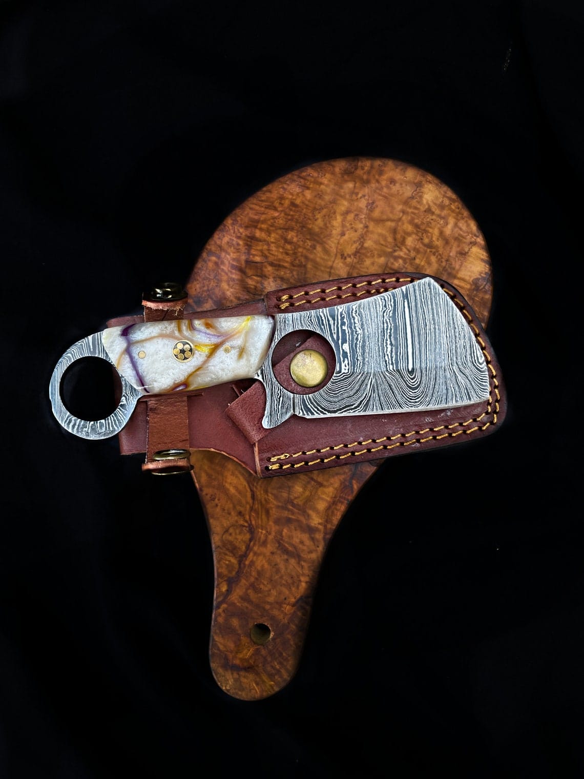 KBS Knives Store Hunting Knives Custom Handmade Damascus Steel Mini Finger Hole Cleaver Knife