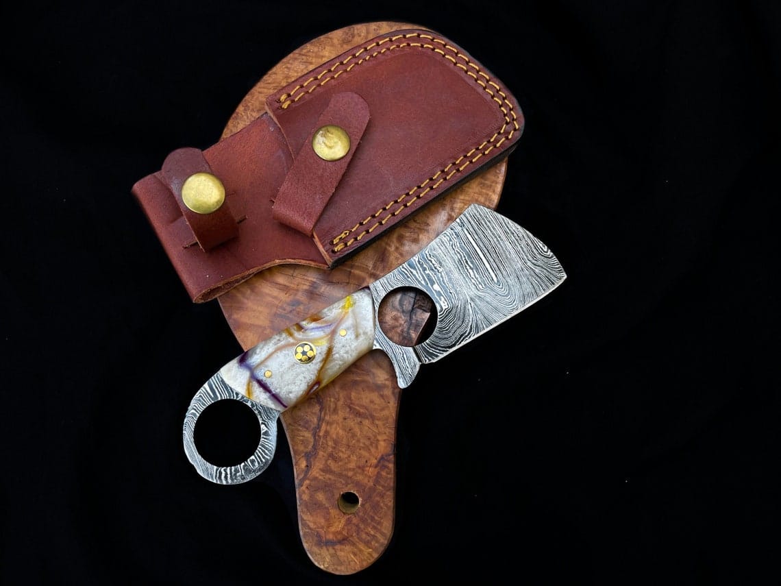 KBS Knives Store Hunting Knives Custom Handmade Damascus Steel Mini Finger Hole Cleaver Knife