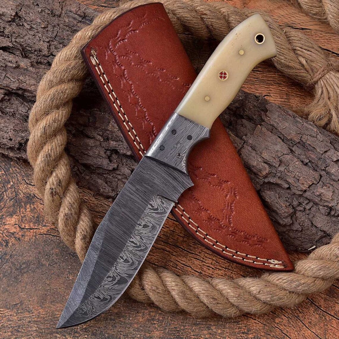 KBS Knives Store Hunting Knives Custom Handmade Hunting Knife with Full Tang Damascus Steel Blade and Bone Handle - 9 Inches