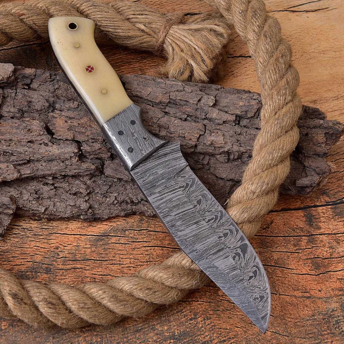 KBS Knives Store Hunting Knives Custom Handmade Hunting Knife with Full Tang Damascus Steel Blade and Bone Handle - 9 Inches