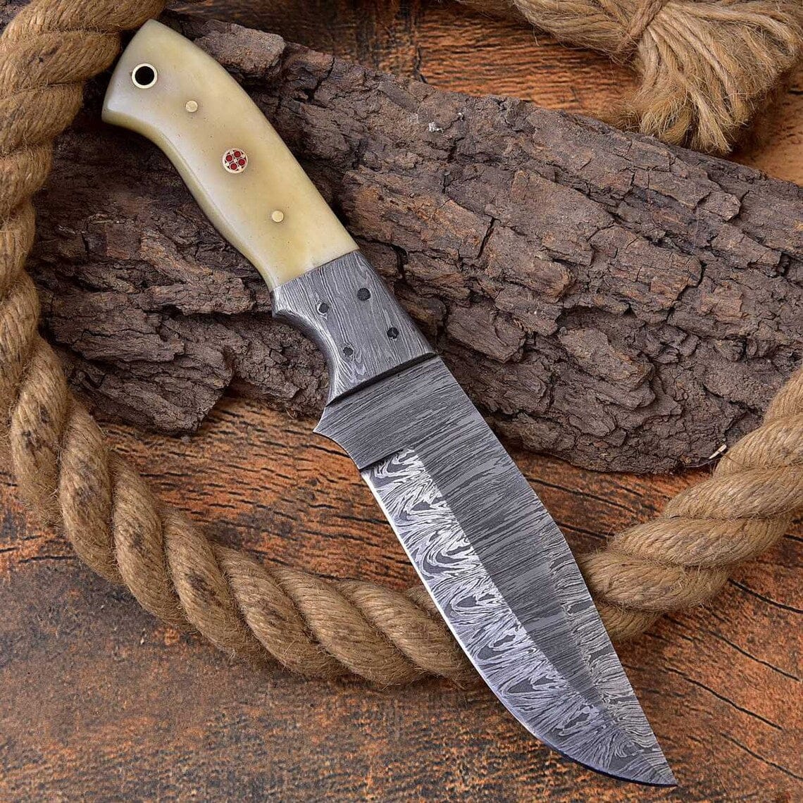 KBS Knives Store Hunting Knives Custom Handmade Hunting Knife with Full Tang Damascus Steel Blade and Bone Handle - 9 Inches