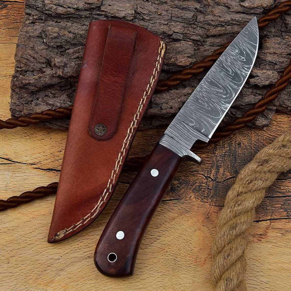 KBS Knives Store Hunting Knives Custom Handmade Hunting Knife with Full Tang Damascus Steel Blade and Rosewood Handle - 8.25 Inches
