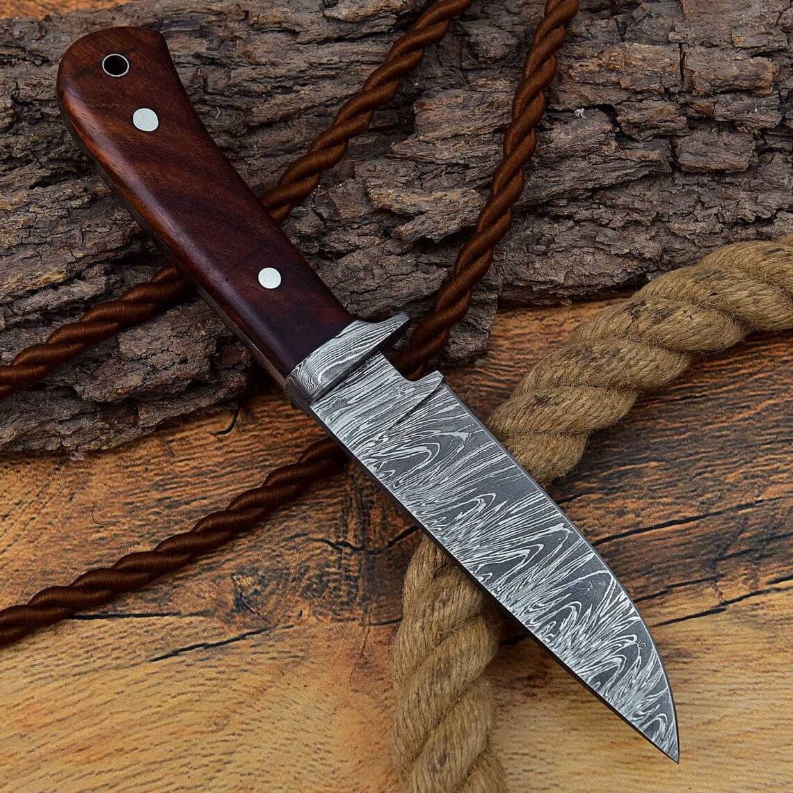 KBS Knives Store Hunting Knives Custom Handmade Hunting Knife with Full Tang Damascus Steel Blade and Rosewood Handle - 8.25 Inches