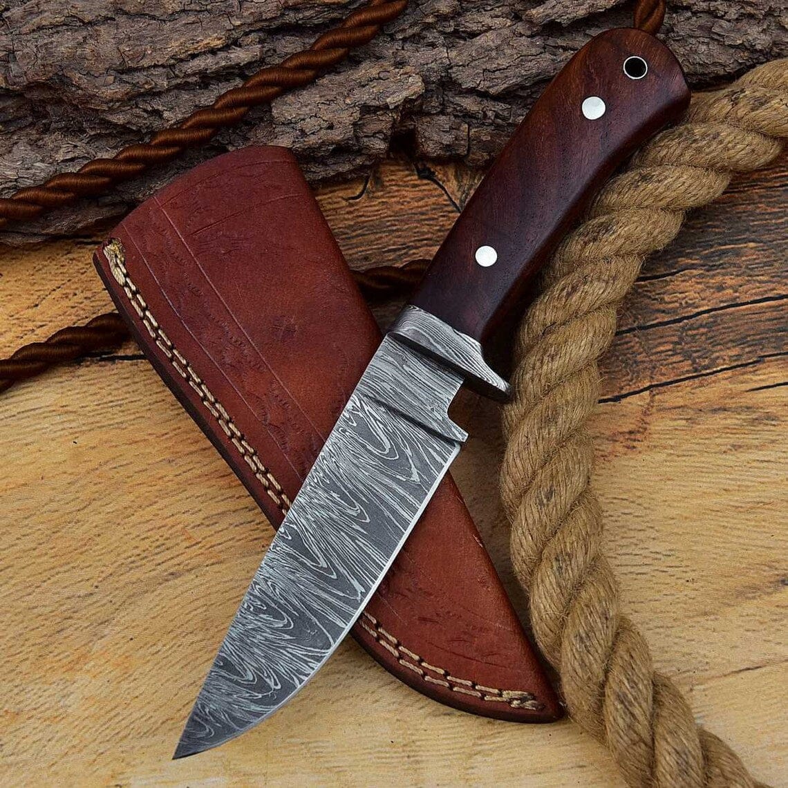 KBS Knives Store Hunting Knives Custom Handmade Hunting Knife with Full Tang Damascus Steel Blade and Rosewood Handle - 8.25 Inches