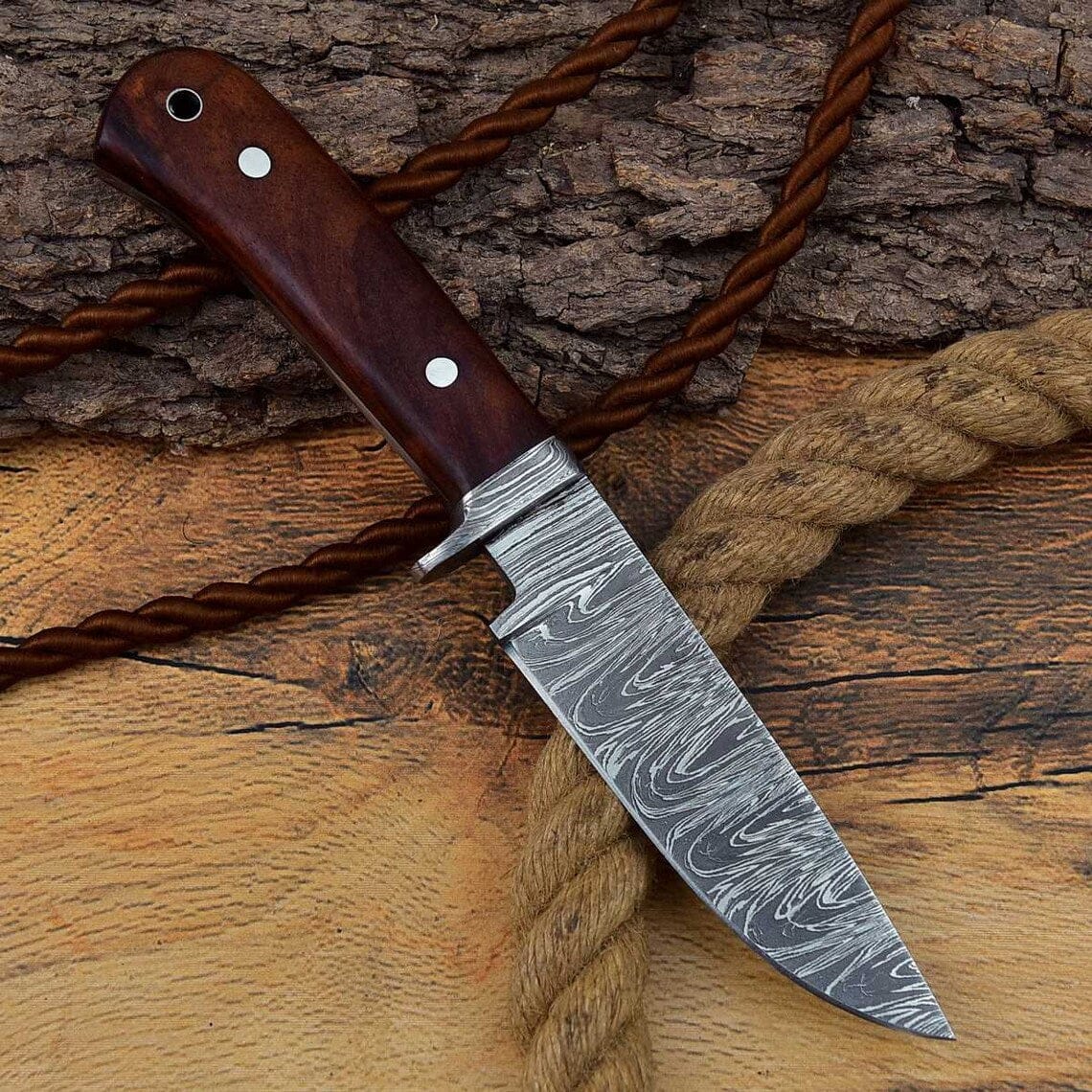 KBS Knives Store Hunting Knives Custom Handmade Hunting Knife with Full Tang Damascus Steel Blade and Rosewood Handle - 8.25 Inches