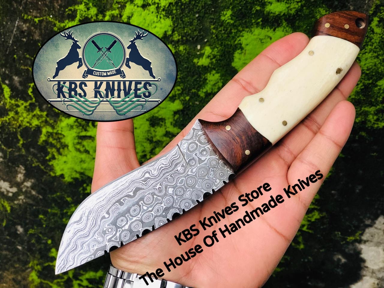 KBS Knives Store Hunting Knives Custom Handmade Raindrop Damascus Steel Hunting Camping Knife
