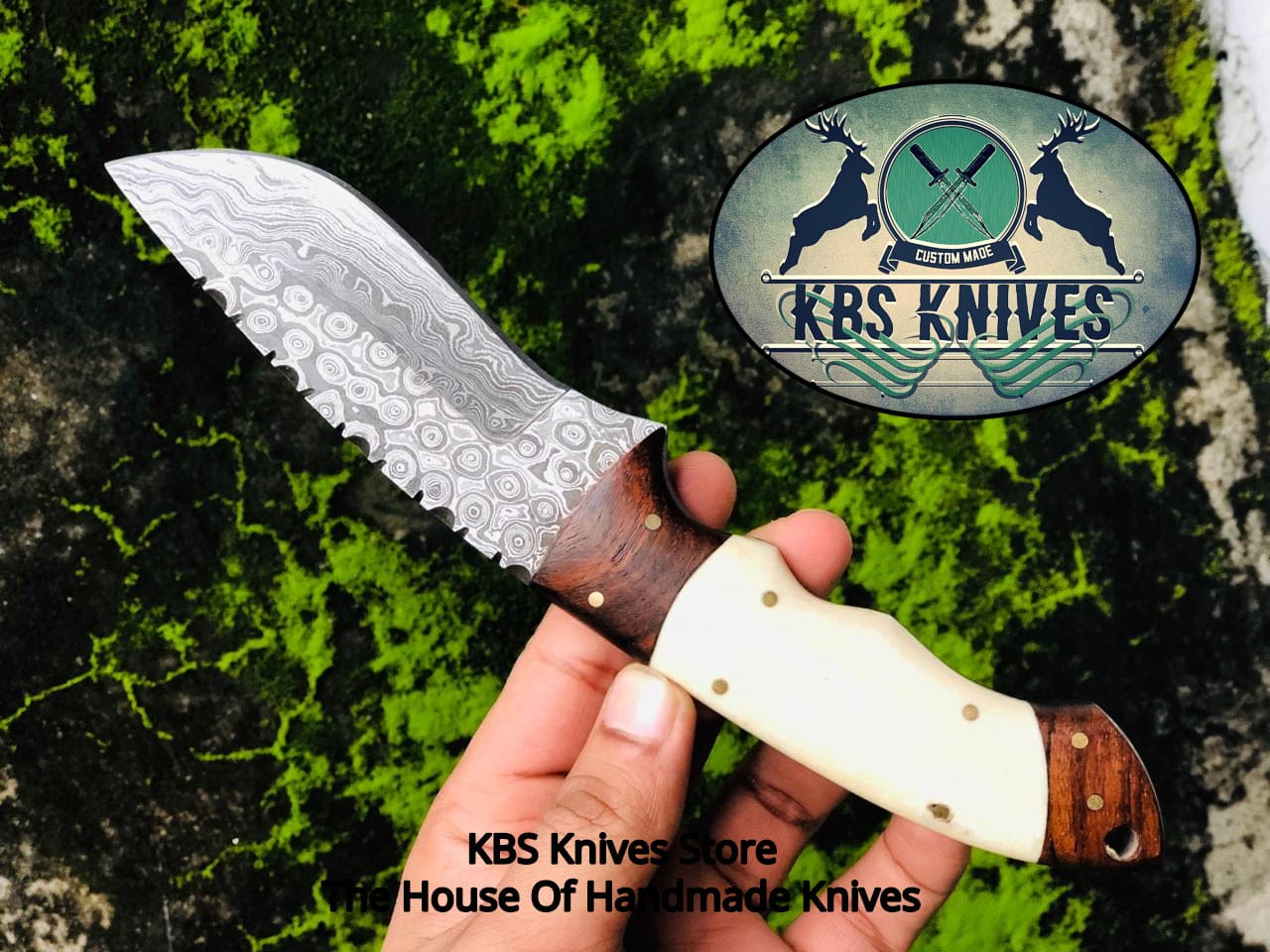 KBS Knives Store Hunting Knives Custom Handmade Raindrop Damascus Steel Hunting Camping Knife