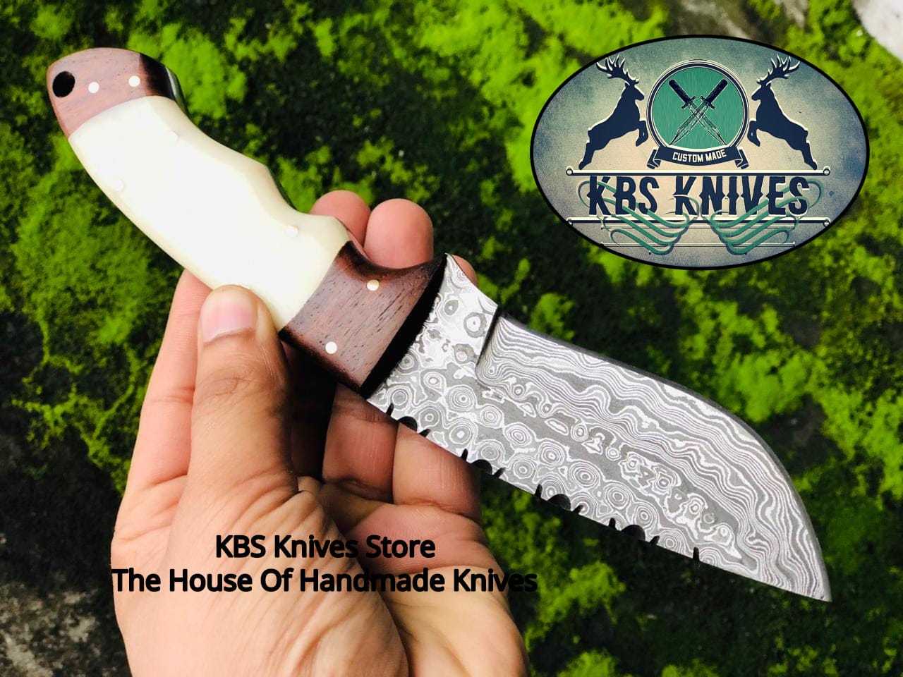 KBS Knives Store Hunting Knives Custom Handmade Raindrop Damascus Steel Hunting Camping Knife