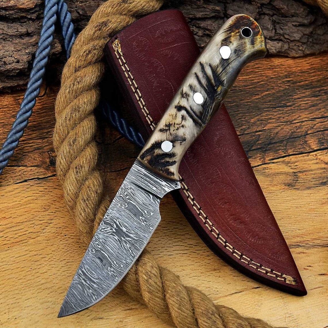 KBS Knives Store Hunting Knives Custom Handmade Skinning Knife with Full Tang Damascus Steel Blade and Mountain Sheep Horn Handle - 7.25 Inches