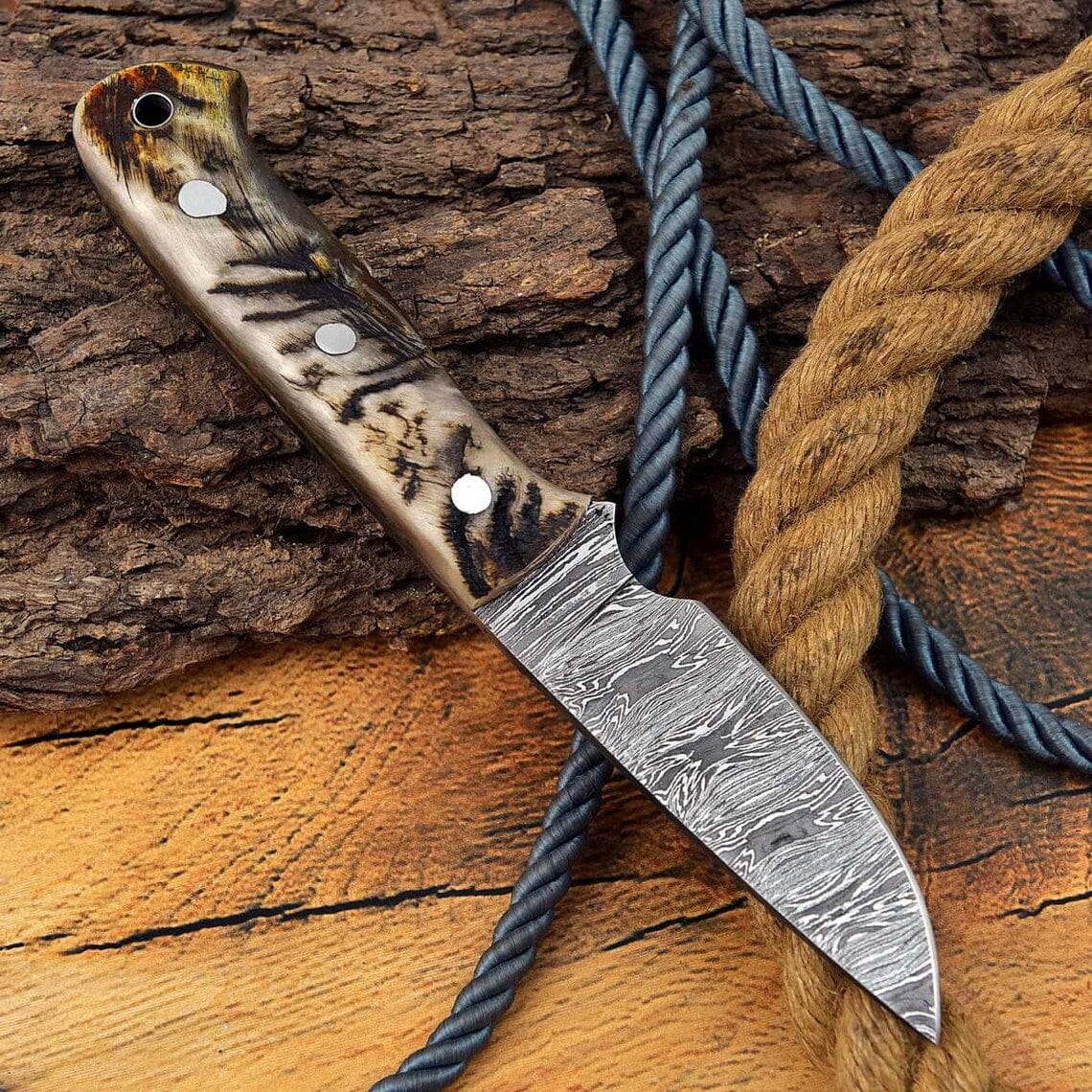 KBS Knives Store Hunting Knives Custom Handmade Skinning Knife with Full Tang Damascus Steel Blade and Mountain Sheep Horn Handle - 7.25 Inches