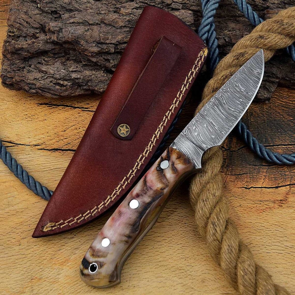 KBS Knives Store Hunting Knives Custom Handmade Skinning Knife with Full Tang Damascus Steel Blade and Mountain Sheep Horn Handle - 7.25 Inches