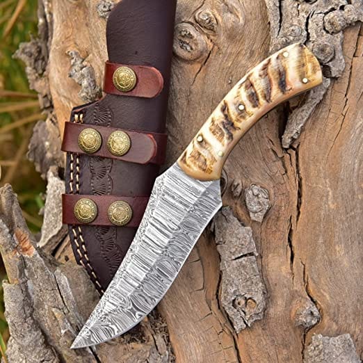 KBS Knives Store Hunting Knives Handcrafted Damascus Hunting Knife: Sheep Horn Handle, 8.5-inch Overall Length, Leather Sheath - KBS Knives Store