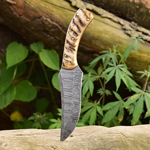 KBS Knives Store Hunting Knives Handcrafted Damascus Hunting Knife: Sheep Horn Handle, 8.5-inch Overall Length, Leather Sheath - KBS Knives Store