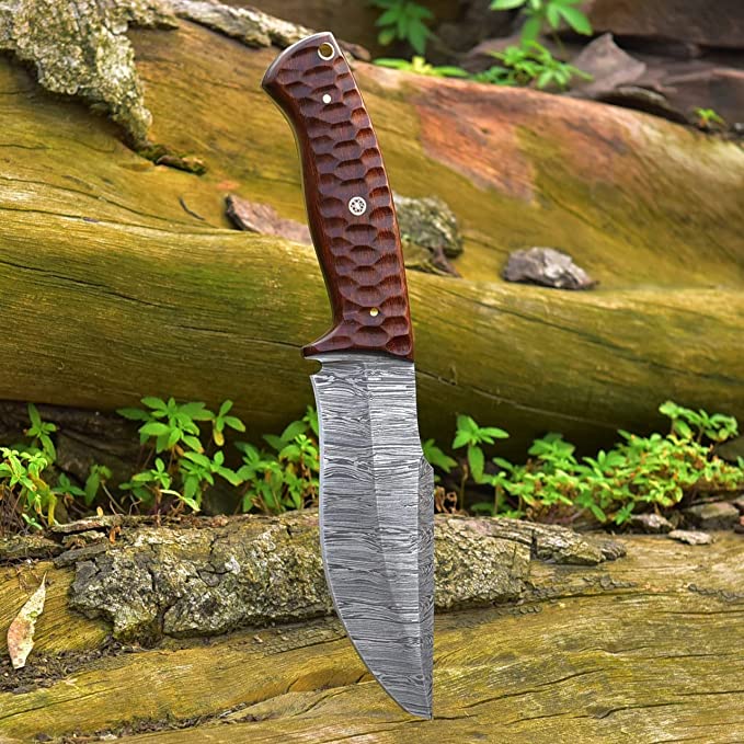 KBS Knives Store Hunting Knives Masterpiece in Steel: 10-inch Damascus Hunting Knife with Rosewood Handle and Leather Sheath - KBS Knives Store