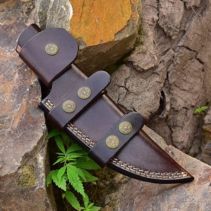 KBS Knives Store Hunting Knives Masterpiece in Steel: 10-inch Damascus Hunting Knife with Rosewood Handle and Leather Sheath - KBS Knives Store