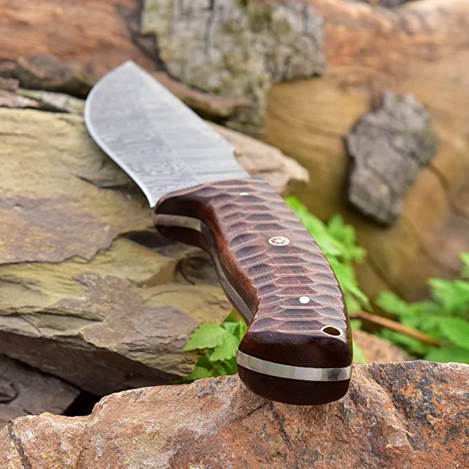 KBS Knives Store Hunting Knives Masterpiece in Steel: 10-inch Damascus Hunting Knife with Rosewood Handle and Leather Sheath - KBS Knives Store