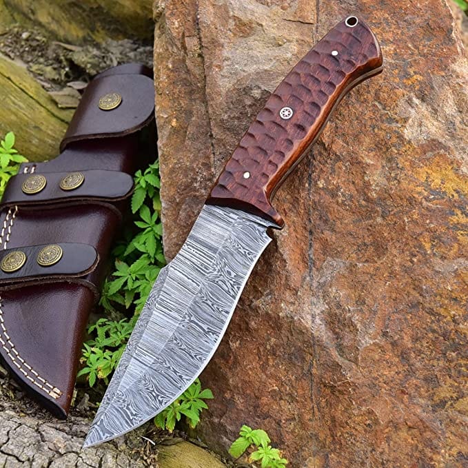 KBS Knives Store Hunting Knives Masterpiece in Steel: 10-inch Damascus Hunting Knife with Rosewood Handle and Leather Sheath - KBS Knives Store