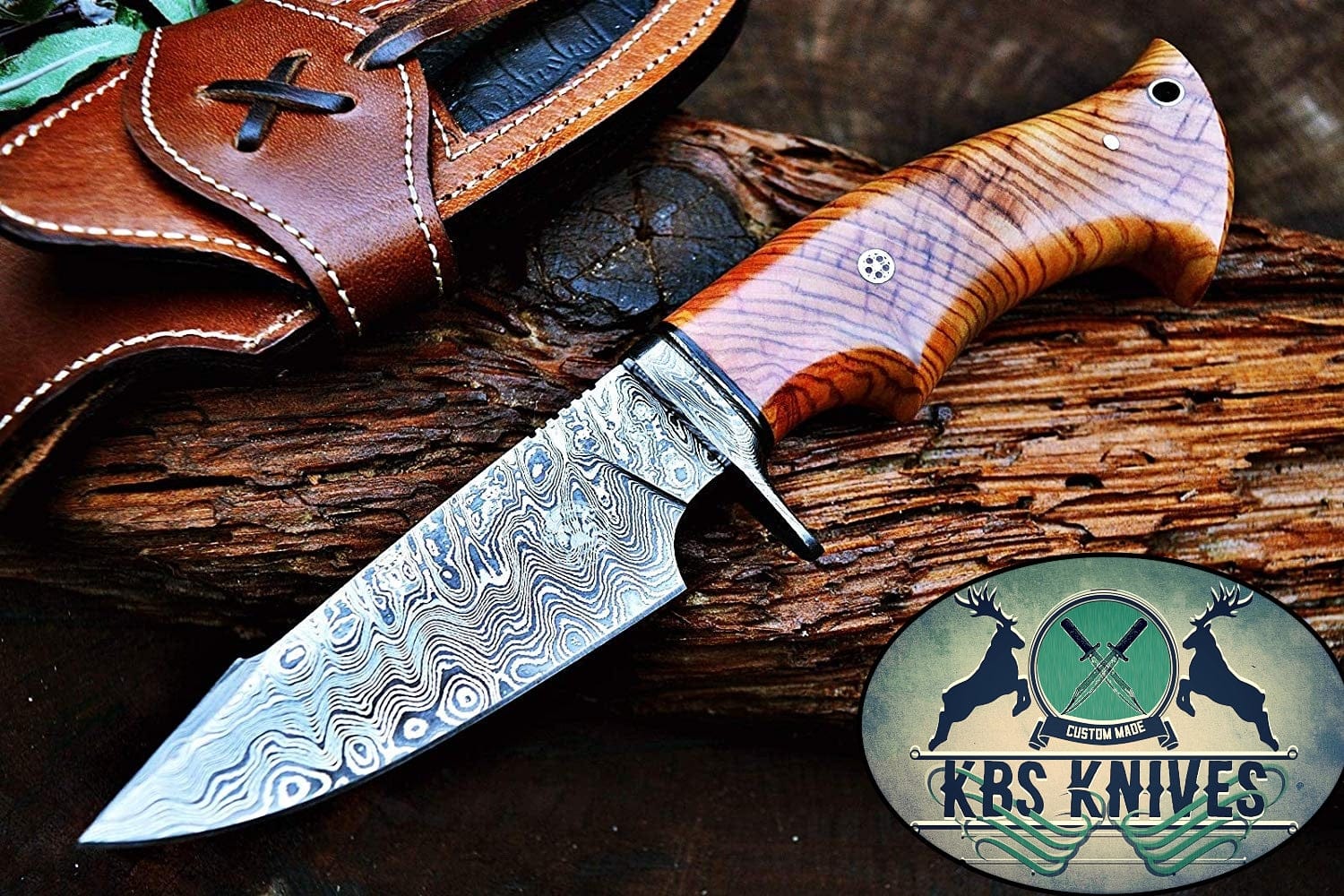 KBS Knives Store Hunting Knives Olive Wood Handle Damascus Hunting Knife