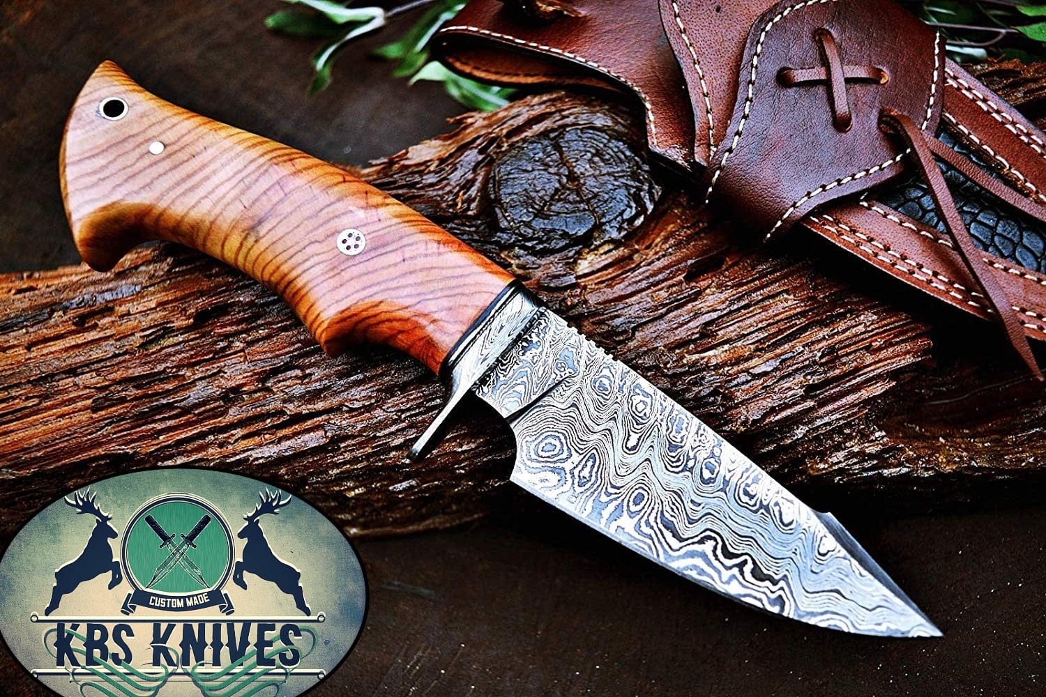 KBS Knives Store Hunting Knives Olive Wood Handle Damascus Hunting Knife