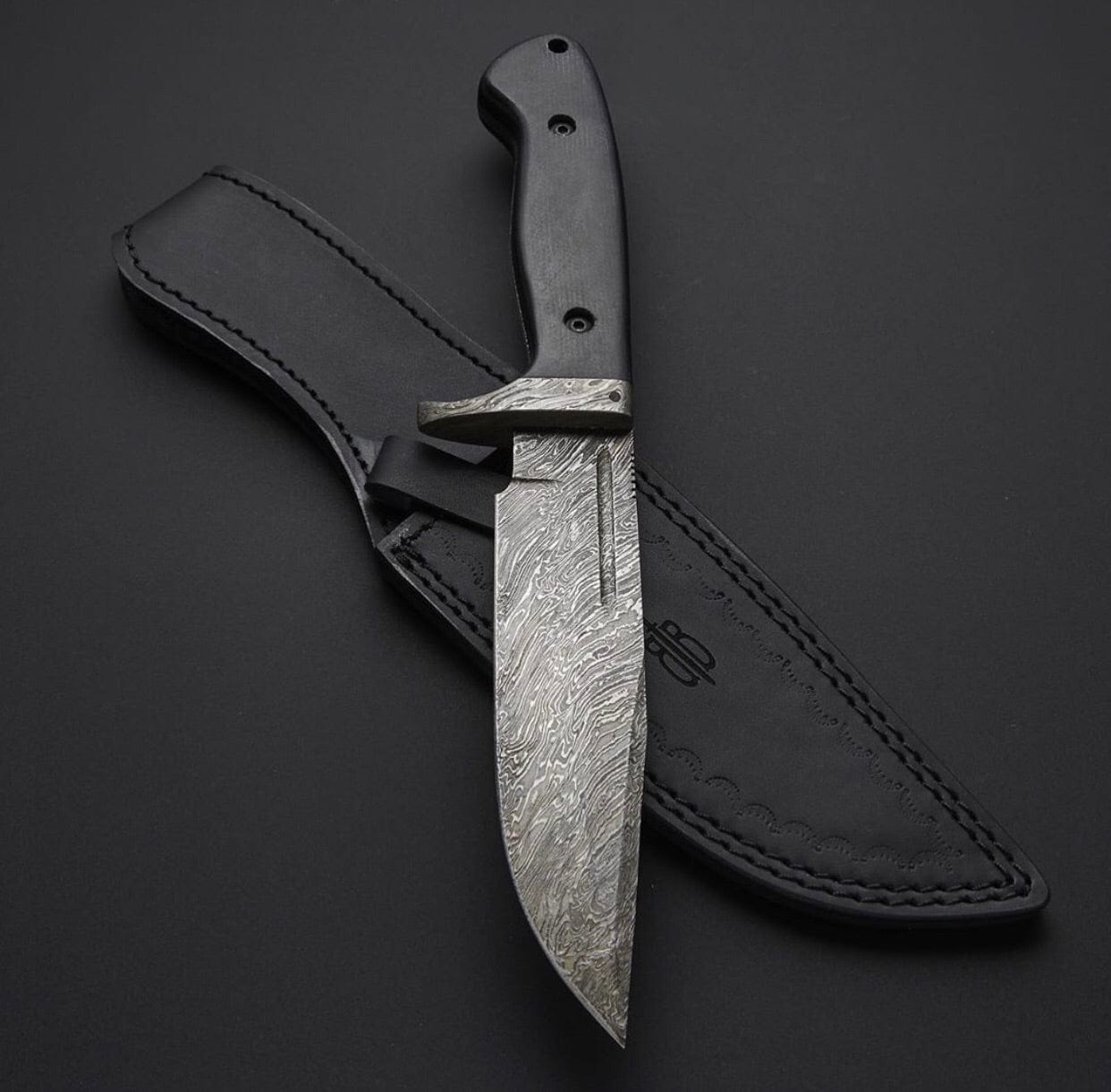 KBS Knives Store Hunting Knives Original Bowie Knife with Leather Sheath for Sale – Custom Handmade Full Tang Damascus Steel Blade, Micarta G10 Handle & Damascus Guard | 11.5-Inch Hunting Knife with Blood Groove – KBS Knives