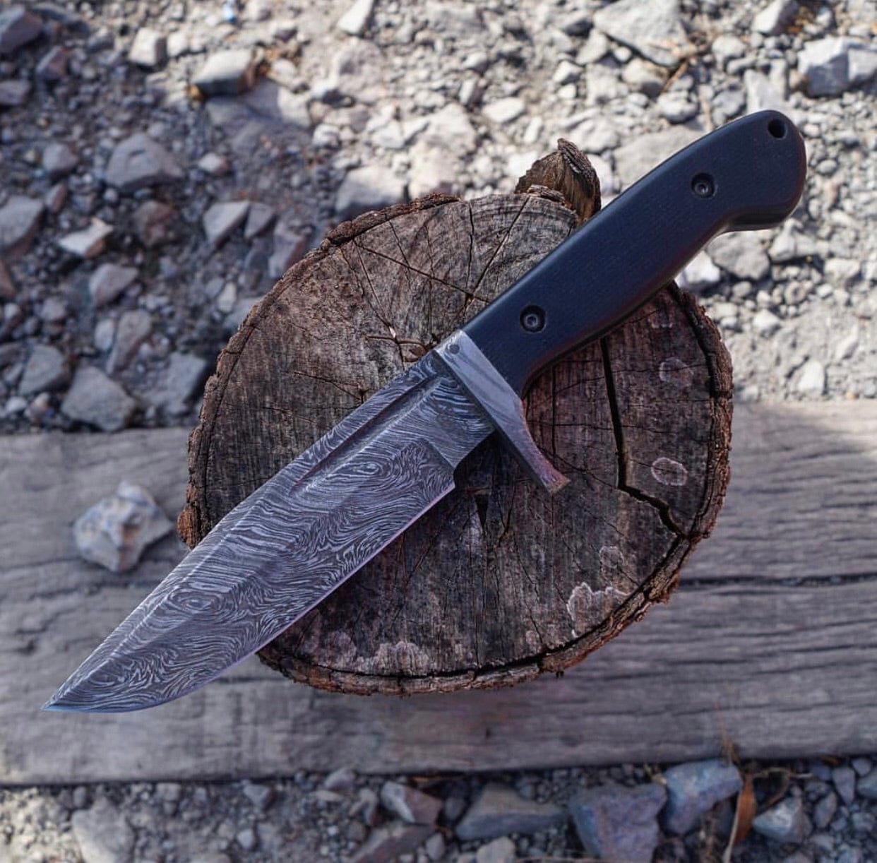 KBS Knives Store Hunting Knives Original Bowie Knife with Leather Sheath for Sale – Custom Handmade Full Tang Damascus Steel Blade, Micarta G10 Handle & Damascus Guard | 11.5-Inch Hunting Knife with Blood Groove – KBS Knives