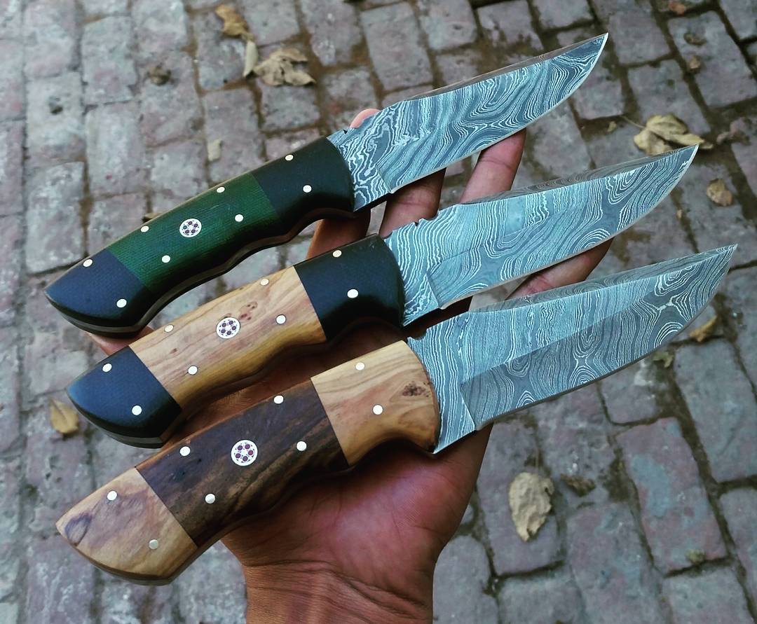 KBS Knives Store Hunting Knives Premium Damascus Hunting Knife Set - 3 Knives with Micarta G10, Olive Wood, and Rosewood Handles, 9-Inch Blades, Leather Sheath