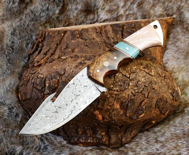 KBS Knives Store Hunting Knives The Hunter's Edge: 8.25-Inch Gut Hook Skinning Hunting Knife with Raindrops Damascus Steel Blade, Rosewood and Epoxy Resin Handle