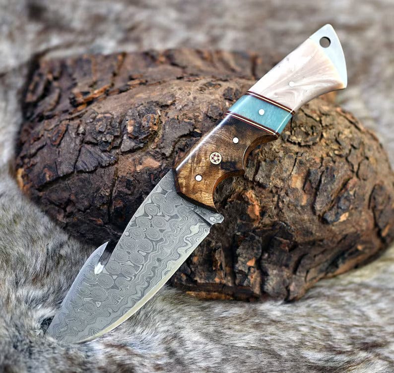 KBS Knives Store Hunting Knives The Hunter's Edge: 8.25-Inch Gut Hook Skinning Hunting Knife with Raindrops Damascus Steel Blade, Rosewood and Epoxy Resin Handle