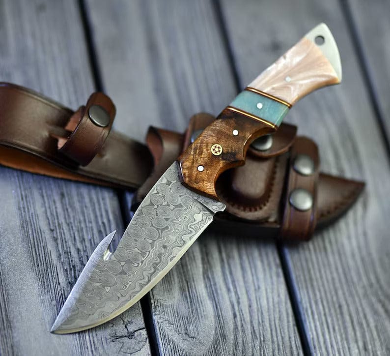 KBS Knives Store Hunting Knives The Hunter's Edge: 8.25-Inch Gut Hook Skinning Hunting Knife with Raindrops Damascus Steel Blade, Rosewood and Epoxy Resin Handle
