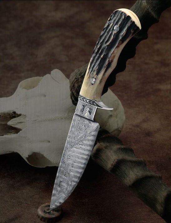 KBS Knives Store Hunting Knives The Huntsman's Masterpiece: Full Tang Damascus Steel Hunting Knife with Antler Horn Handle